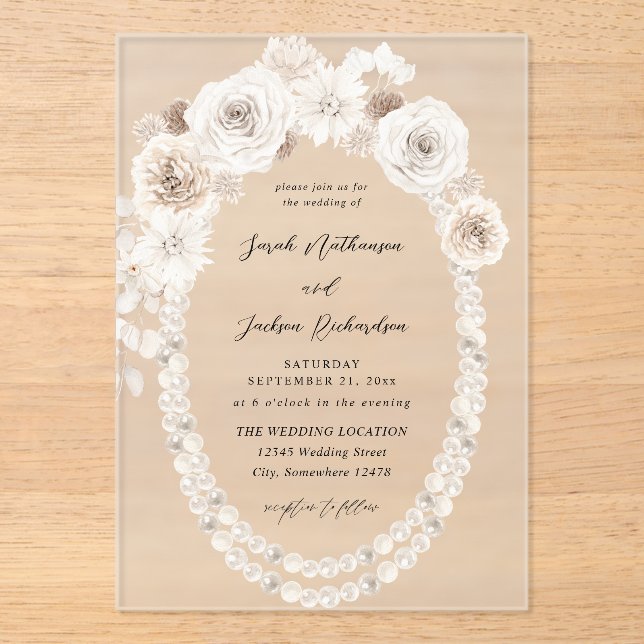 Pearls & White Floral Wedding V2 Acrylic Invitations (Front)