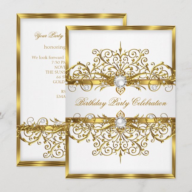 Pearls White Gold Elegant Birthday Party 2 Invitation (Front/Back)