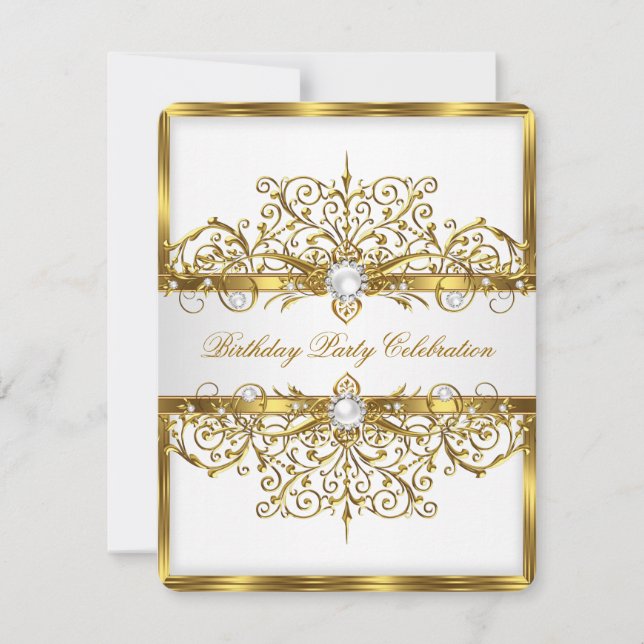 Pearls White Gold Elegant Birthday Party 3 Invitation (Front)