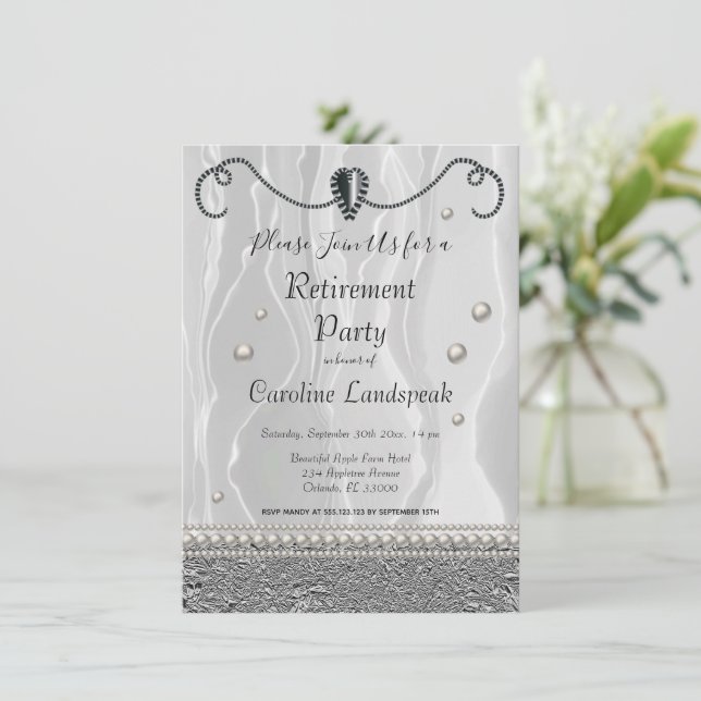 Pearls & White Silk Retirement Party Invitation (Standing Front)
