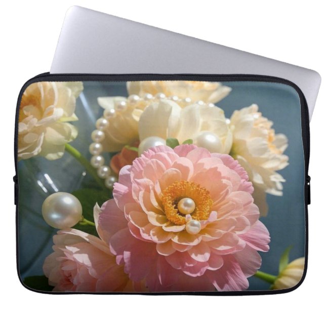 Pearls with pink flowers  laptop sleeve (Front)