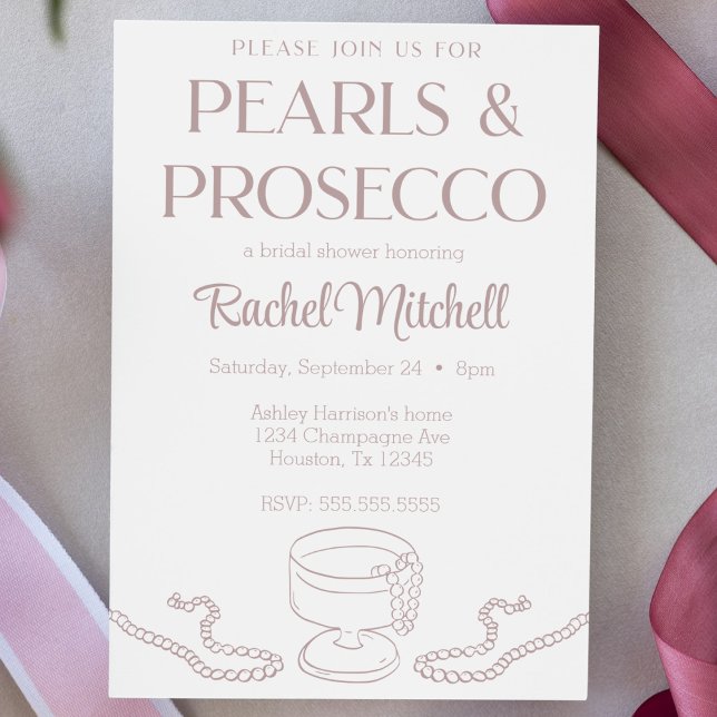 Pearlss & Prosecco Pink Bridal / Lingerie Shower Invitation (pearls and Prosecco hand drawn doodle bridal shower invitation pink cute modern lingerie shower )