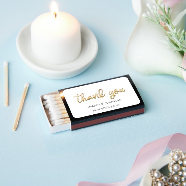 Pearly Gold Thank You Name Date White Matchboxes (Insitu)