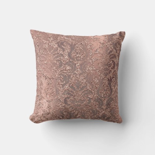 Pearly Ivory Damask Pink Rose Gold Glitter Copper Throw Pillow