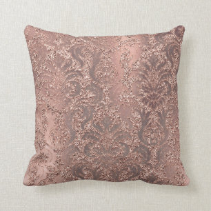 Pearly Ivory Damask Pink Rose Gold Glitter Copper Throw Pillow