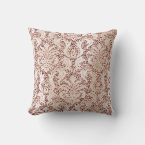 Pearly Ivory Damask Pink Rose Gold Glitter Metalli Throw Pillow