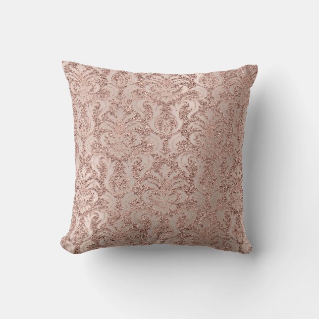 Pearly Metal Damask Pink Rose Gold Glitter Luxury Throw Pillow (Front)