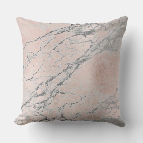 Pearly Pink Rose Gold Silver Gray Blush Marble Throw Pillow