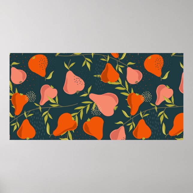 Pears and leaves background. Hand drawn overlappin Poster (Front)