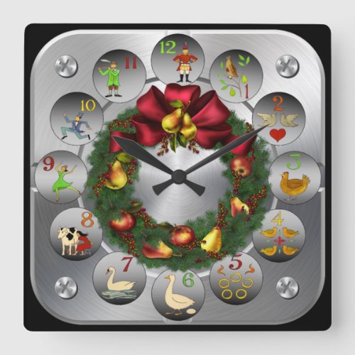 Pears  Apples Wreath  The 12 Days Of Christmas  Square Wall Clock