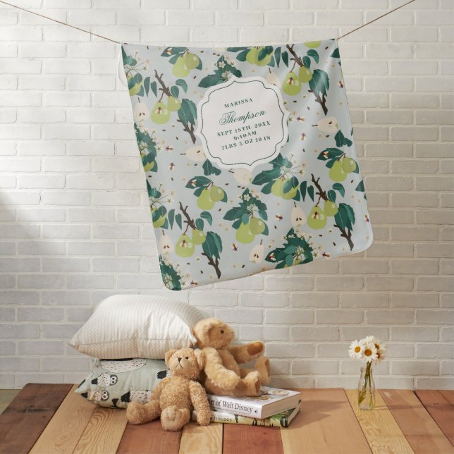 Pears Bees Botanical Floral Garden Birth Stats Baby Blanket (In Situ)