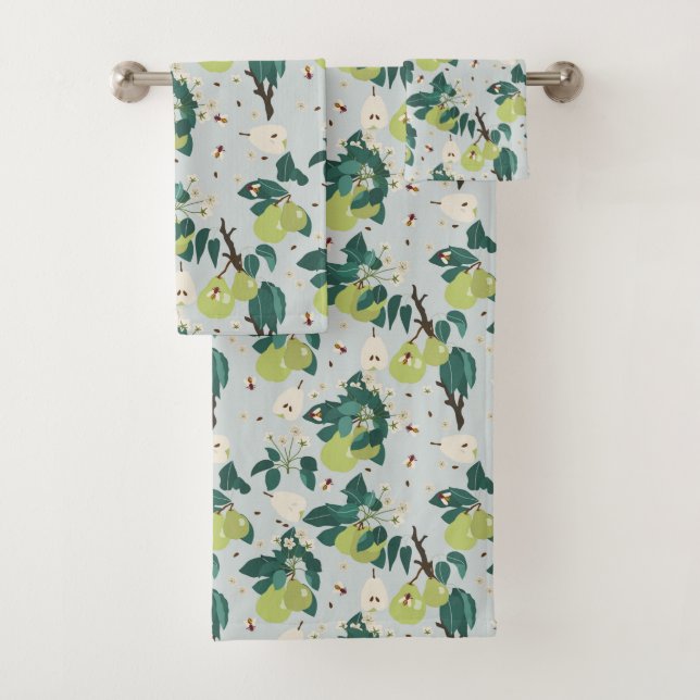 Pears & Bees in a Botanical Floral Garden Kitchen Bath Towel Set (Insitu)