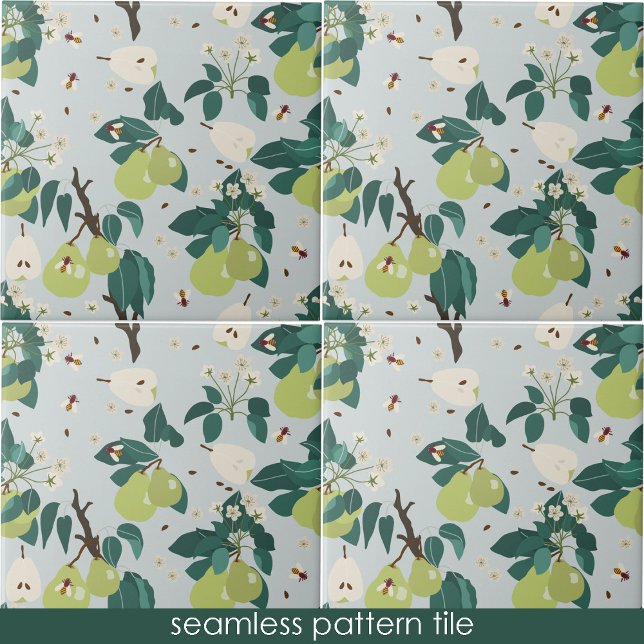 Pears & Bees in a Botanical Floral Garden Kitchen Ceramic Tile (Pears & Bees in a Botanical Floral Garden Kitchen Ceramic Tile)