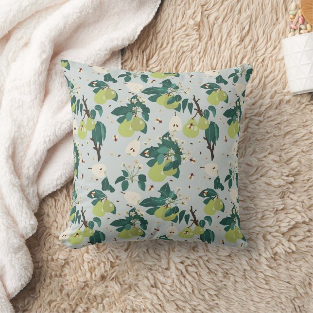Pears & Bees in a Botanical Floral Garden Kitchen Throw Pillow (Blanket)