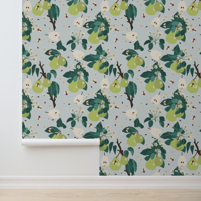 Pears & Bees in a Botanical Floral Garden Kitchen Wallpaper (Application)