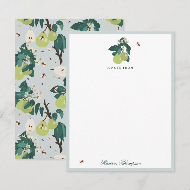 Pears & Bees in a Botanical Floral Garden  Note Card (Front/Back)