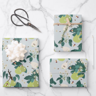 Pears & Bees in a Botanical Floral Garden Wrapping Paper Sheets