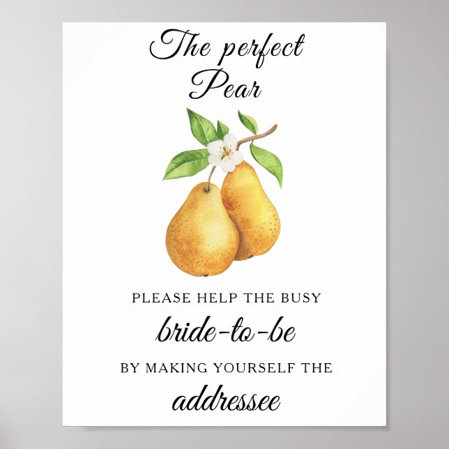 Pears bridal shower Help the busy bride Address Poster (Front)
