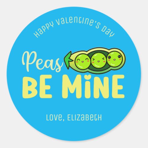 Peas Be Mine Funny Pun Cute Valentines Day Blue Classic Round Sticker