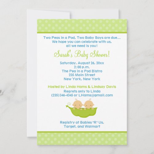 Peas in a Pod Twin Boys 5x7 Baby Shower Invite