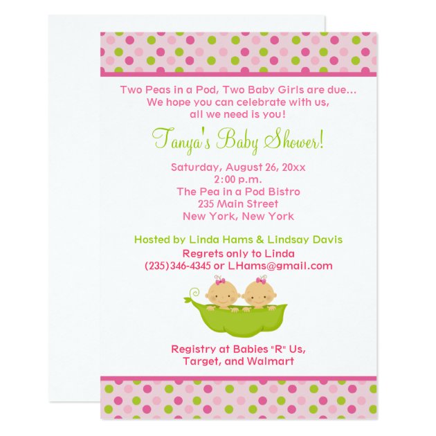 Peas In A Pod Twin Girls 5x7 Baby Shower Invite