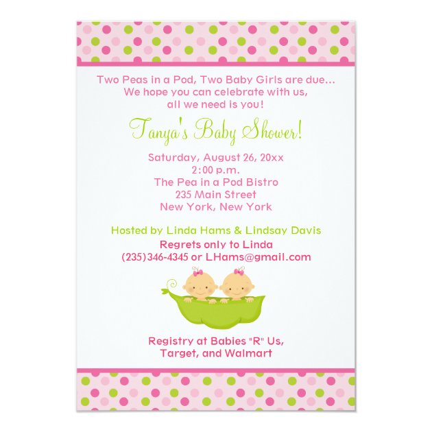 Peas In A Pod Twin Girls 5x7 Baby Shower Invite