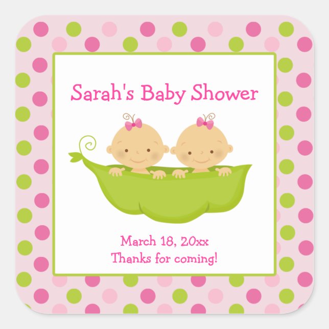 Peas in a Pod Twin Girls Square Favor Sticker (Front)