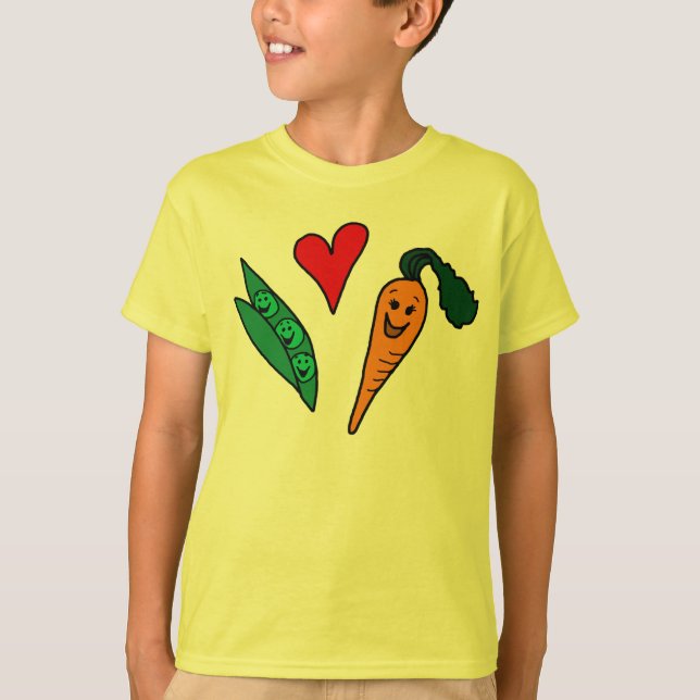 Peas Love Carrots, Cute Green and Orange Design T-Shirt (Front)