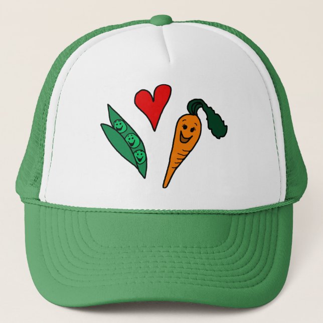 Peas Love Carrots, Cute Green and Orange Design Trucker Hat (Front)