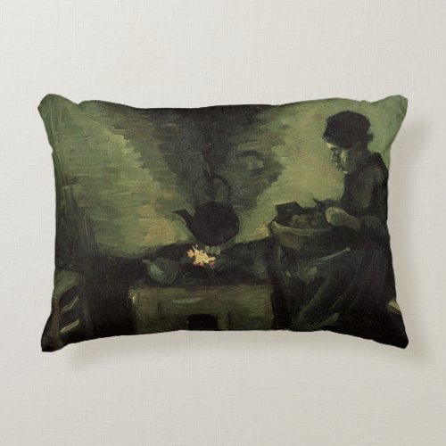 Peasant Woman by Fireplace by Vincent van Gogh Accent Pillow