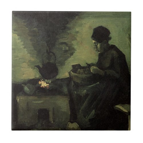 Peasant Woman by Fireplace by Vincent van Gogh Ceramic Tile