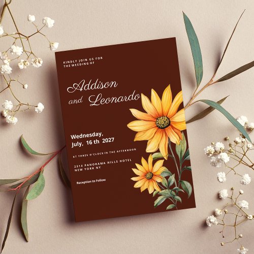 Peaty brown orange mint sunflower flowers wedding invitation