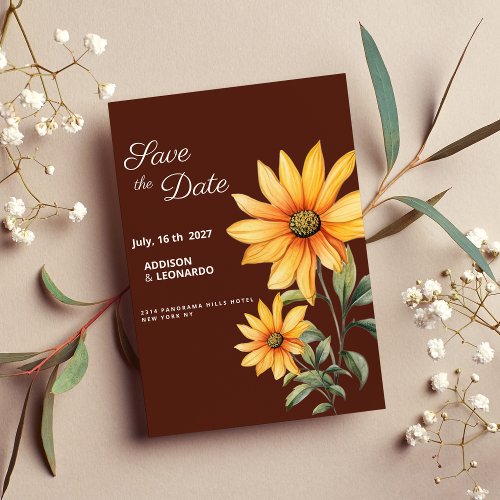 Peaty brown orange mint sunflower Save the Date Invitation