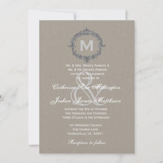 Pebble and Gray Frame Monogram Wedding Linen Paper Invitation (Front)