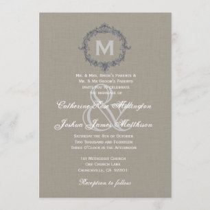 Pebble and Gray Frame Monogram Wedding Linen Paper Invitation