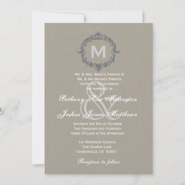 Pebble and Gray Frame Monogram Wedding V6 Invitation (Front)