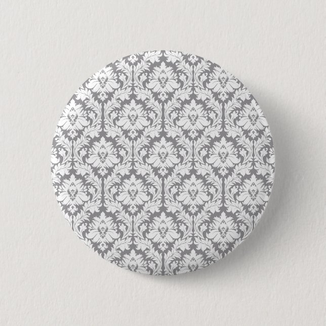 Pebble Grey Damask Pattern Pinback Button (Front)