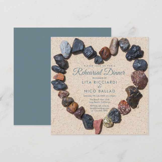 Pebble Heart Beach Themed Rehearsal Dinner Invitation (Front/Back)
