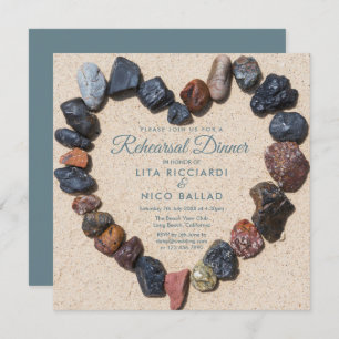 Pebble Heart Beach Themed Rehearsal Dinner Invitation