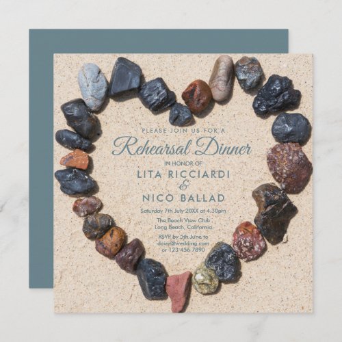 Pebble Heart Beach Themed Rehearsal Dinner Invitation