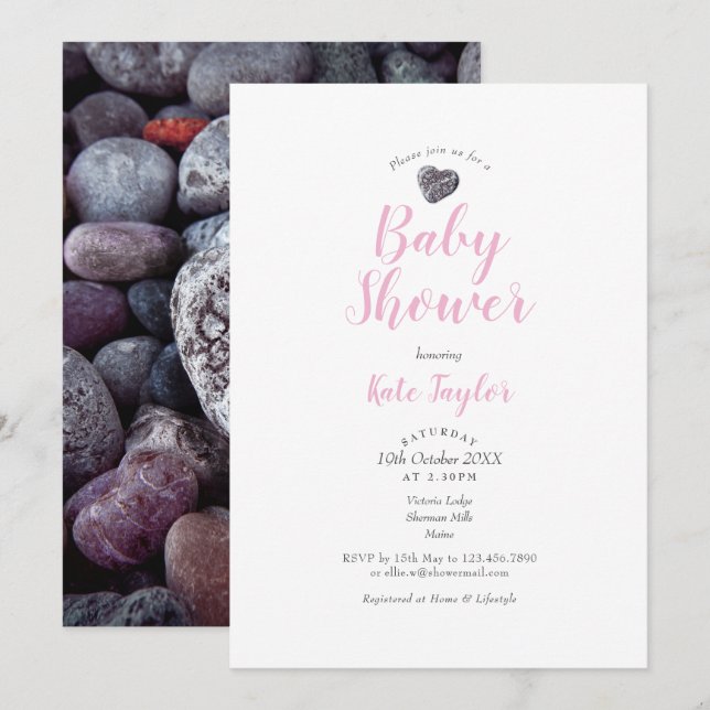 Pebble Heart Pink Baby Shower /Sprinkle / Couples Invitation (Front/Back)