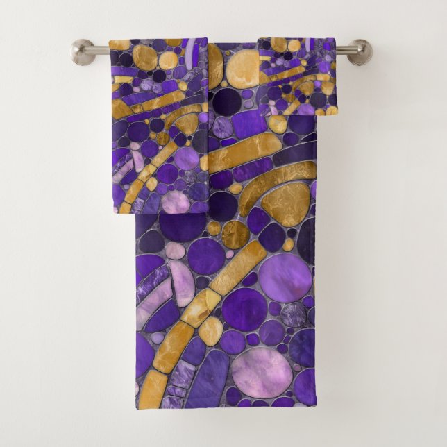 Pebbles Mosaic Art -Amethyst And Gold  Bath Towel Set (Insitu)
