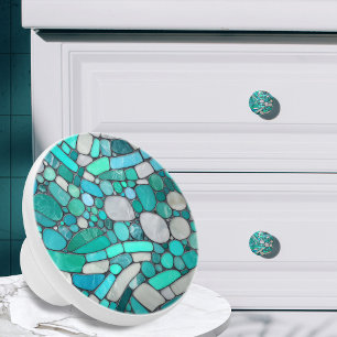 Pebbles Mosaic Art -Aquamarine and Pearl Ceramic Knob