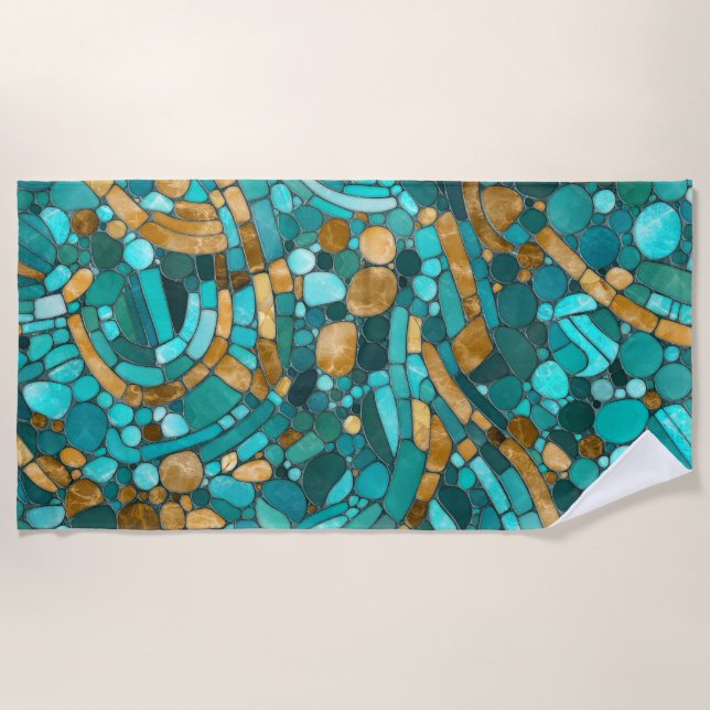 Pebbles Mosaic Art -Emerald and Gold  Beach Towel (Front)