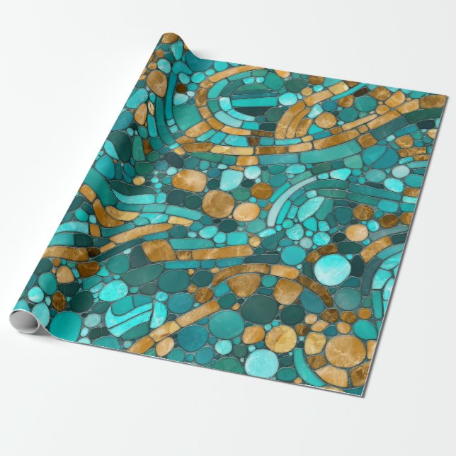 Pebbles Mosaic Art -Emerald and Gold  Wrapping Paper (Unrolled)