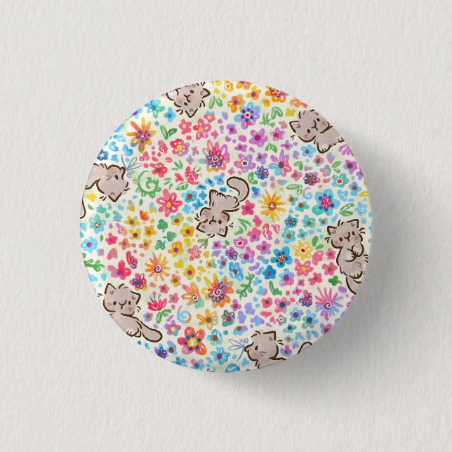 Pebble's Whimsical Garden Gray Cat & Bright Floral Button (Front)