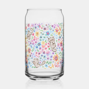 Pebble's Whimsical Garden Gray Cat & Bright Floral Can Glass