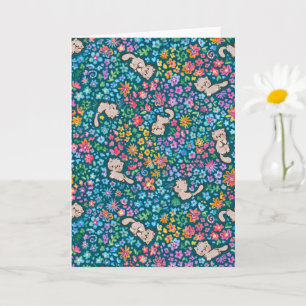 Pebble's Whimsical Garden Gray Cat & Bright Floral Card