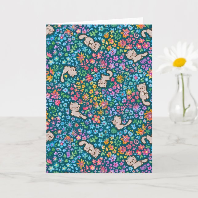Pebble's Whimsical Garden Gray Cat & Bright Floral Card (Small Plant)