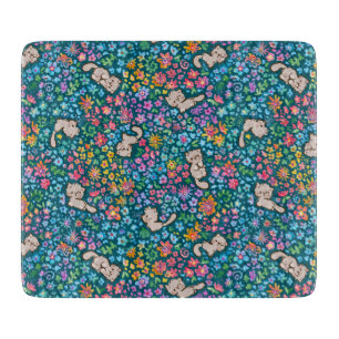 Pebble's Whimsical Garden Gray Cat & Bright Floral Cutting Board